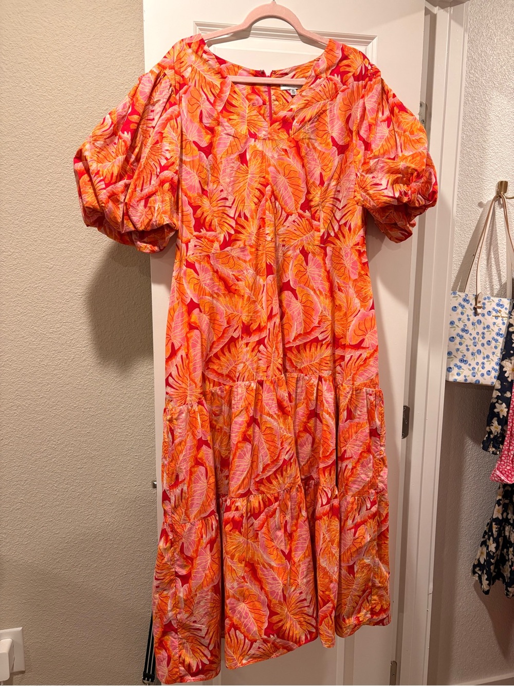 Gibson Latimer Orange Tropical Print Puff-Sleeve Dress